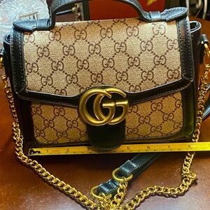 Beige and Black Crossbody Bag with Gold Chain